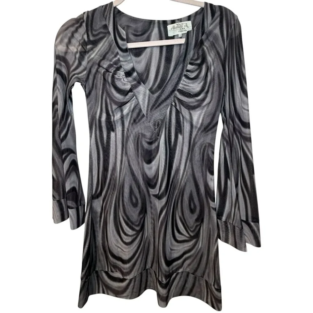 Y2K Gray/Black Abstract V-Neck Long Sleeve Mini Dress